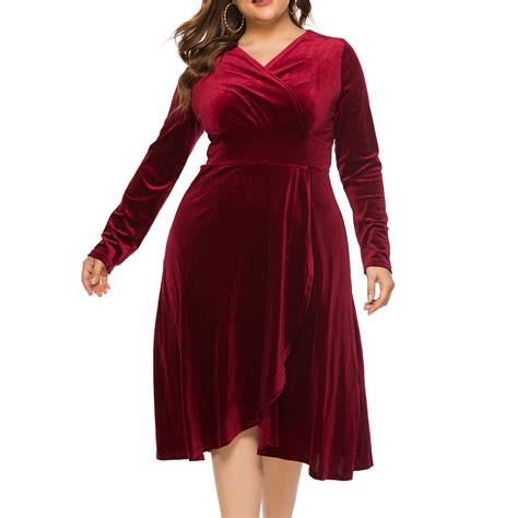 Lenpel Women’s Plus Size Velvet Dress V Neck Wrap Long Sleeve Ruffle ...