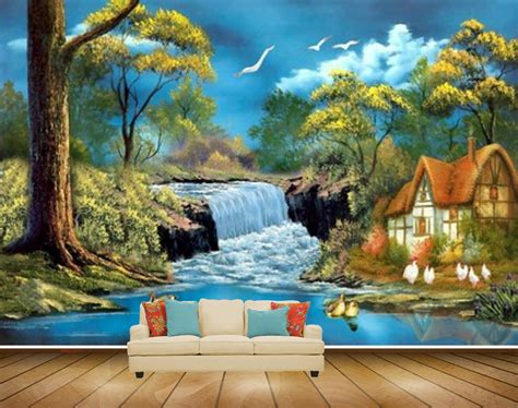 Avikalp MWZ2811 Waterfalls Trees Houses Lake River Pond Water Birds Co ...