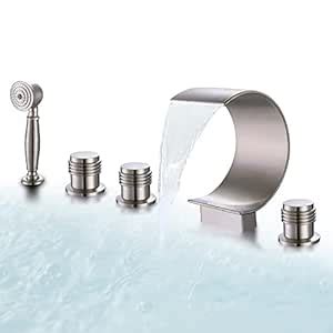 AZOS Bathtub Faucets Nickel Brushed Deck Mount Hot Cold Mixer Sprayer ...