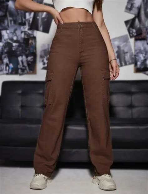 DDMCLOTHING Solid High Rise Brown Cargo Denim Western Wear Jeans For ...