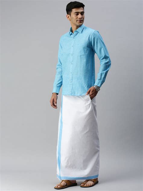 Mens Matching Border Adjustable Dhoti & Full Sleeves Shirt Set Blue CC5 ...