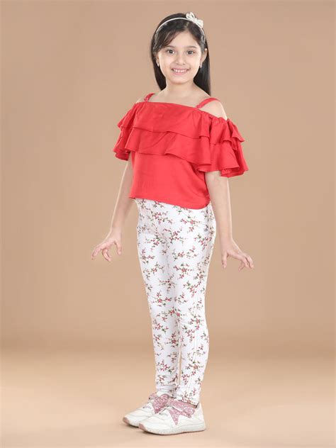 Girls Cotton Floral Printed Jegging and Red Top Set – Stylestone