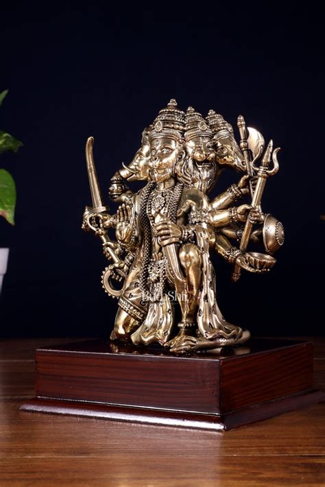 Brass Superfine Panchmukhi Hanuman Idol on Wooden Base – 8 Inch ...