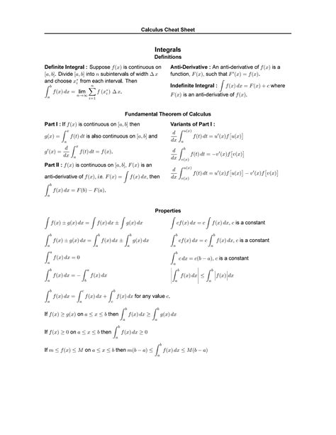 SOLUTION: Calculus cheat sheet integrals - Studypool