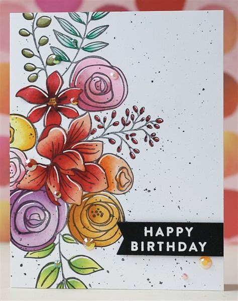 Hand Painted Birthday Card with Sketched Flowers
