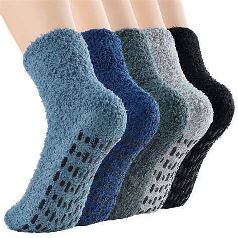 5 Pairs Womens Fuzzy Anti Slip Socks Athletic Grip Socks Cozy Non Slip ...