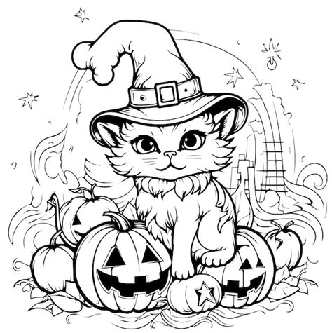 Premium Vector | Halloween cat coloring page