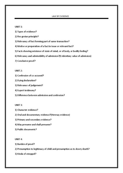 LAW OF Evidence important questions - LAW OF EVIDENCE UNIT 1: 1) Types ...