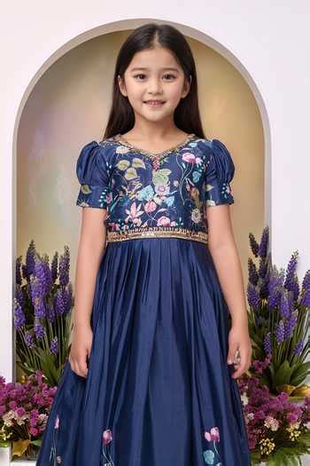 Buy Navy Polyester Embroidery Blue Designer Gown For Girls by Petite ...