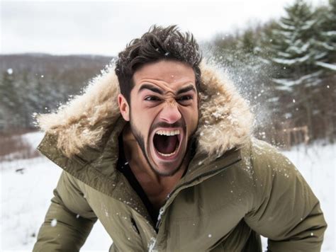Man enjoys the winter snowy day in playful pose | Premium AI-generated ...