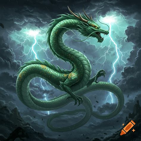 Shimmering green Chinese dragon flying through lightning-filled clouds ...