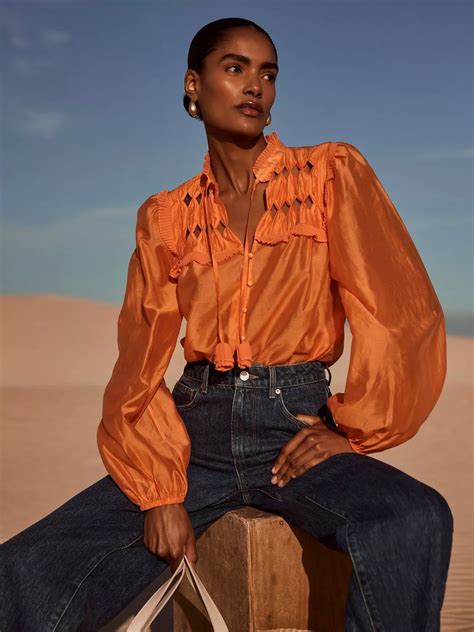 Mint Velvet Textured Tie Neck Blouse, Orange