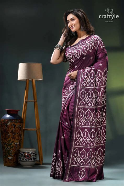 Wine Berry Hand Embroidered Kutchi Work Silk Saree – Craftyle
