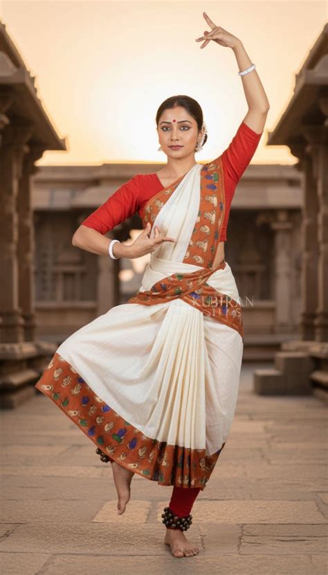 Classical Dance Silk Saree - Cream with Brown Temple Border | Kuberan Silks