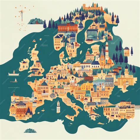 Europe World Map with Landmarks 的图像结果