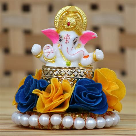 Lord Ganesha Idol on Decorative Handcrafted Plate with Yellow and Blue ...
