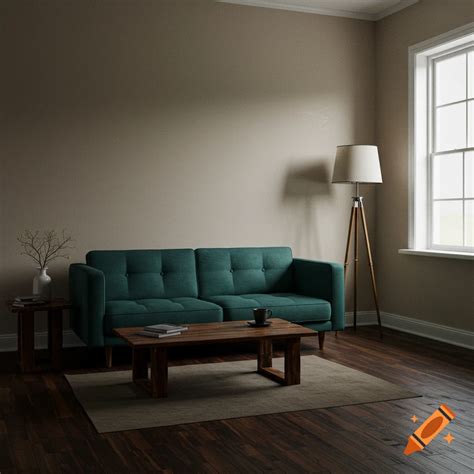 A modern living room with a beige sofa, coffee table, and potted plants ...