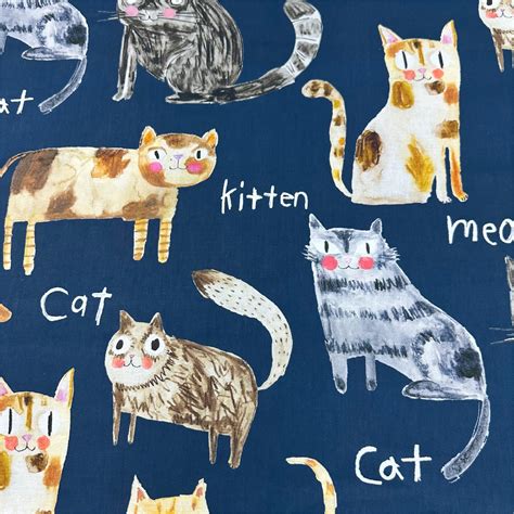 Illustrated Kitties Cats Cotton Fabric, Maison de Fabric, Imported fro ...