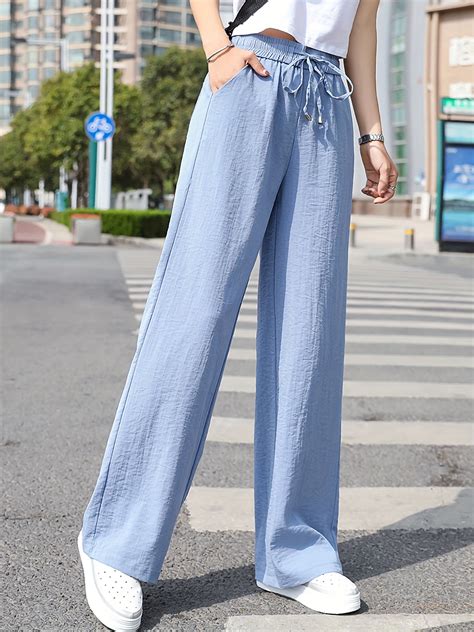 Minimalist Solid Drawstring Pants, Casual Long Length Elastic Waist ...