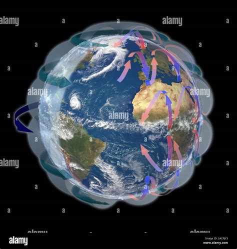 Global winds, satellite-based diagram. The rotation of this Earth globe ...