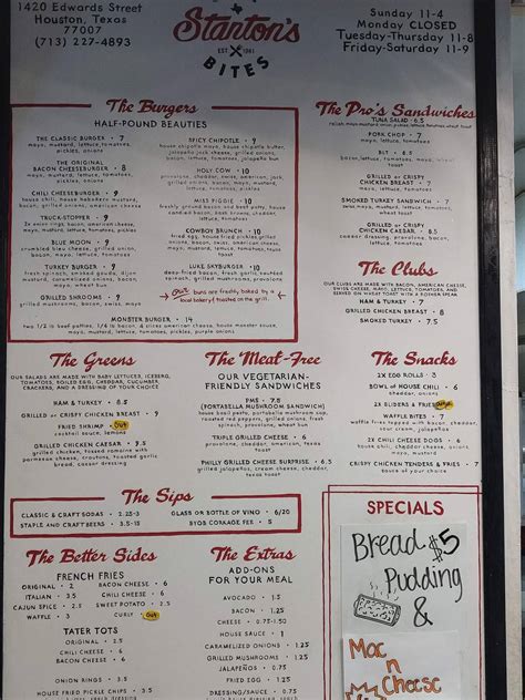 Menu at Stanton's City Bites restaurant, Houston