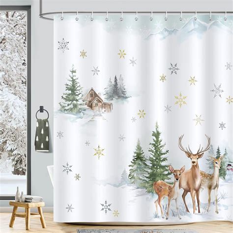 Amazon.com: Bonhause Winter Deer Shower Curtain, Snowy Pine Tree Cabin ...