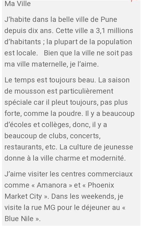 Can someone please give me a French essay on ma ville (my city).80 to ...