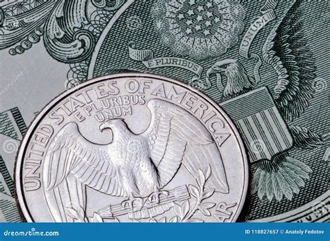 US Coin Quarter Dollar on One Dollar Bill. Stock Image - Image of ...