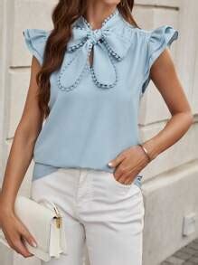 SHEIN Clasi Ladies' Solid Color Short Cap Sleeve Shirt With Tie Collar ...