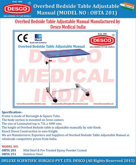 Medical Overbed Bedside Table Adjustable Manual - Manufacturers ...