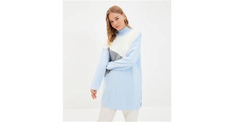 Trendyol Pale Blue Knit Colour Block Long Jumper | New Look
