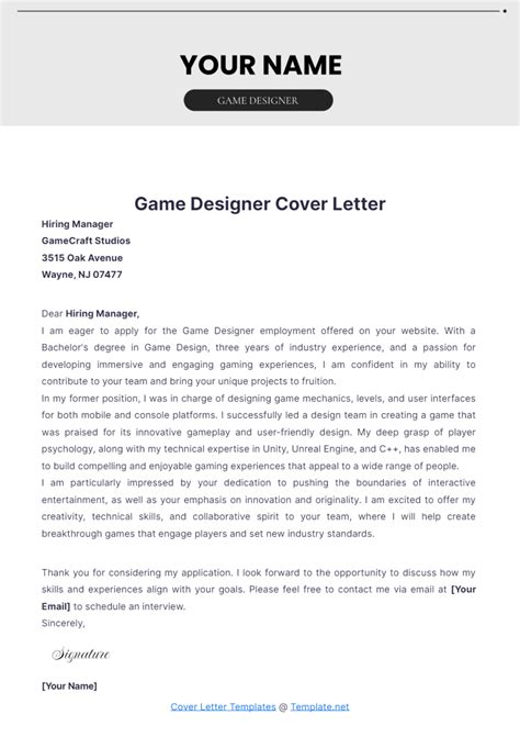 Free Game Designer Cover Letter Template to Edit Online