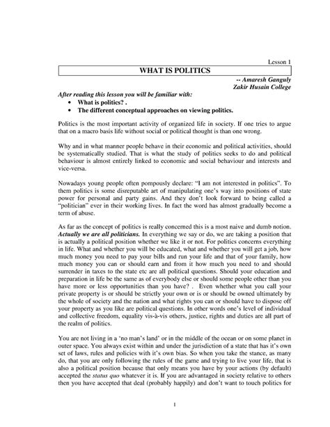 SM-1 - Lecture notes 1-20 - Lesson 1 WHAT IS POLITICS Amaresh Ganguly ...