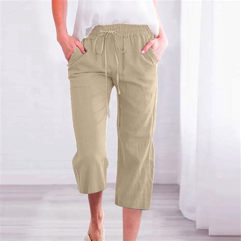 YanHoo Women's Baggy Capris Linen Wide Leg Elastic Waist Pants Loose ...