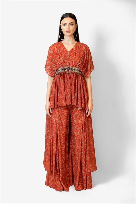 Buy Red Printed Georgette High Low Cape Adha Cape Set | Rabani & Rakha ...