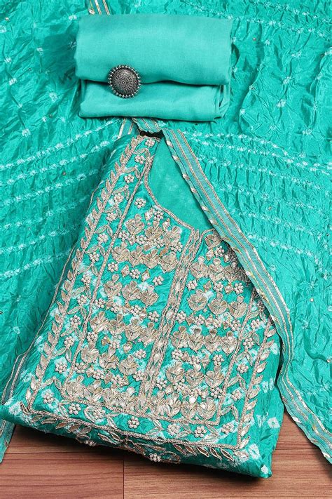 Buy Teal Silk Blend Bandhej Crinkled Unstitched Suit Set Online at Biba ...