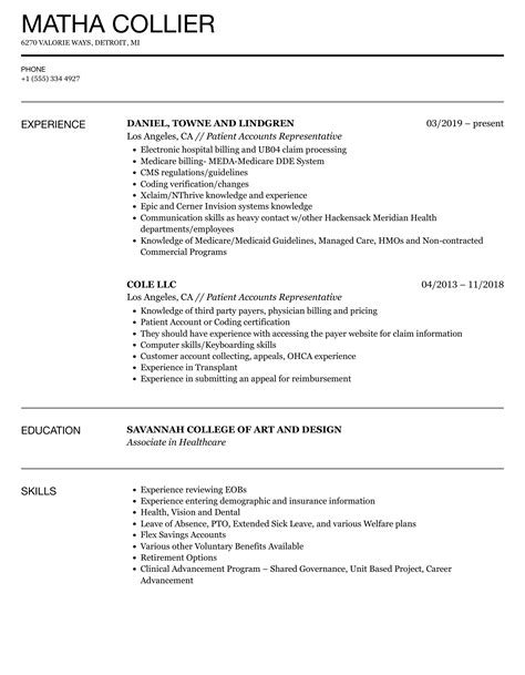 Patient Accounts Representative Resume Samples | Velvet Jobs