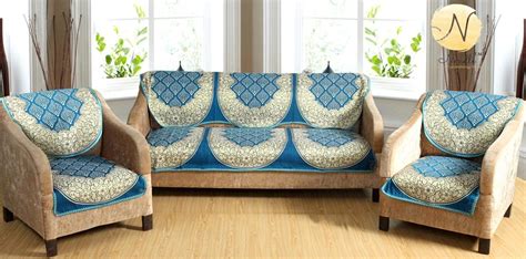 Nendle Luxurious Cotton Abstract Design 5 Seater Sofa Cover Set- 6 ...