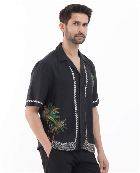 Rare Rabbit Men's Palms Black Viscose Tropical Print Boxy Fit Half Sle