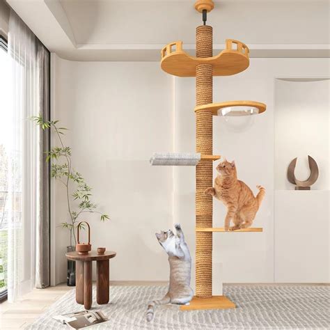 Large Cat Tree Floor to Ceiling， Cat Tower Height Adjustable,Wooden ...