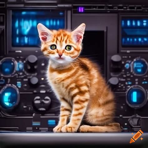 Caramel kitten on a futuristic control panel