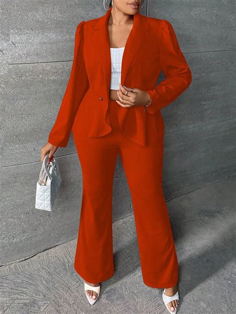 SHEIN SXY Plus Puff Sleeve Blazer & Flare Leg Pants | SHEIN USA