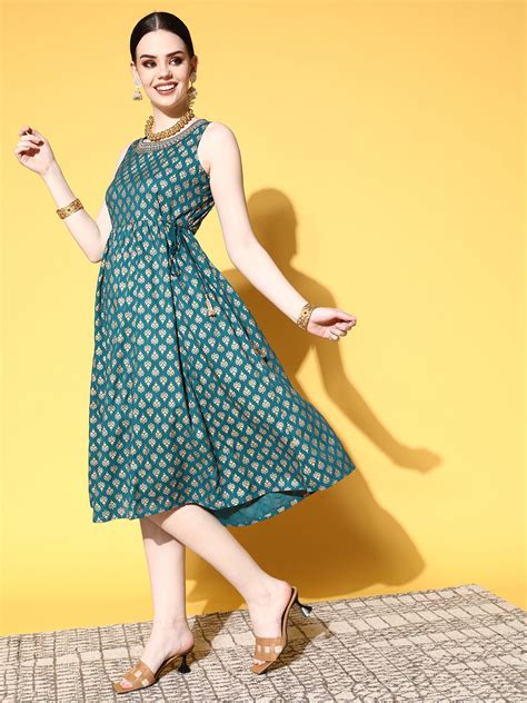 Buy Sunehri Women's Cotton Teal & Gold Foil Printed A-Line DressOnline