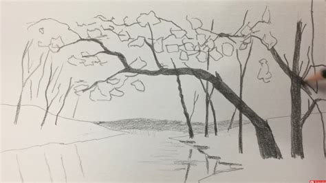 用铅笔画风景练习树木河流-普画网