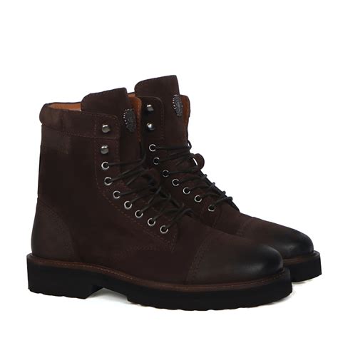 Dark Brown High Neck Biker Boot in Suede Leather Toe and Heal Cap by B