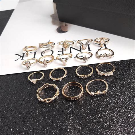 Buy Aatmana Multi-Color Gold Plated Stones Rings (Set of 17) Online