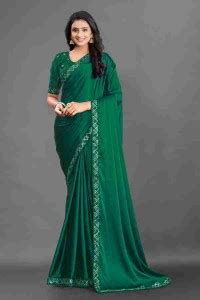 Buy kghj Solid/Plain Bollywood Satin Green Sarees Online @ Best Price ...