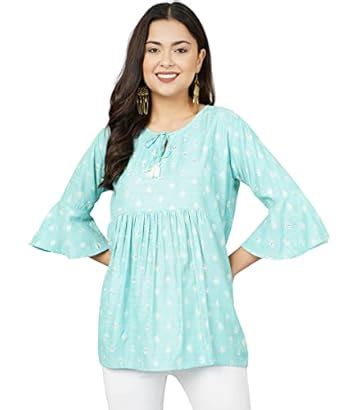 Buy ANUSHIL Women Cotton Kurta/Top with Some Glitter Print 3/4th ...