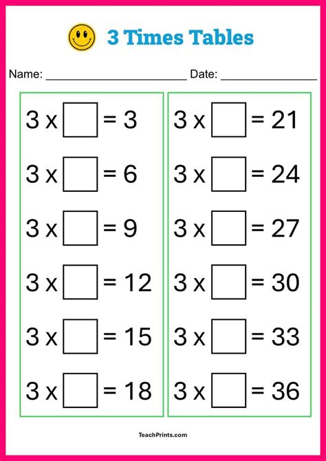 Free Three Times Tables Worksheets (8 Versions) - Teach Prints