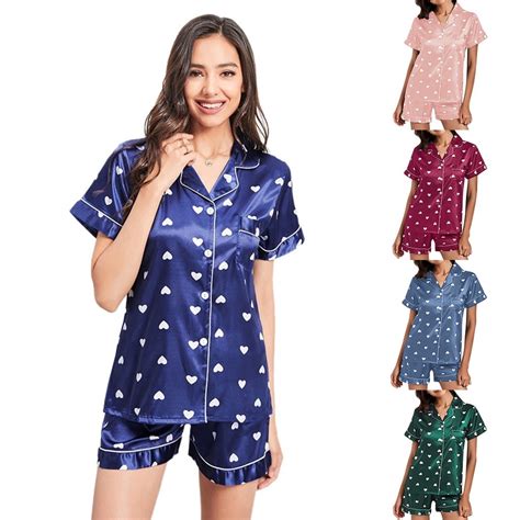 Best Lovito Ice Silk Love Print Lapel Short Sleeves Pajamas Set Price ...